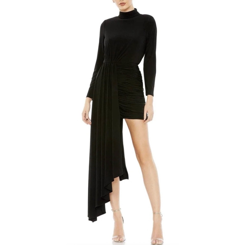 NWT Mac Duggal 42011 Mock Neck Draped Mini Dress 2 Asymmetric Cocktail Goth Glam